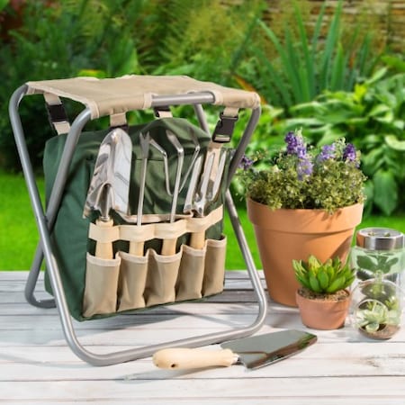 Garden Tool Set, Folding Stool With 250lb Capacity, Detachable 7 Pocket Bag And 5 Gardening Tools